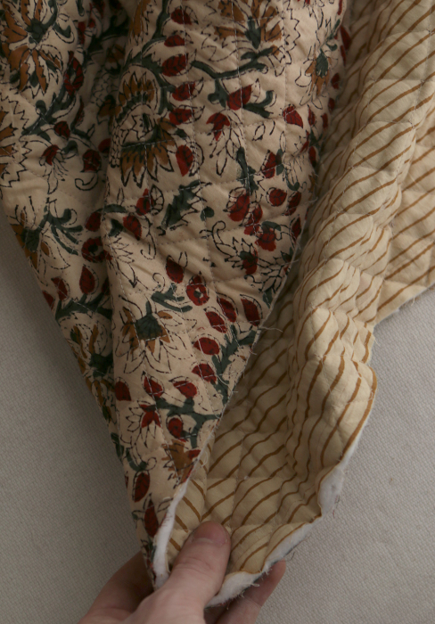 Nisha & rayures - Tissu indien matelassé double face coton hand block teal largeur 100cm