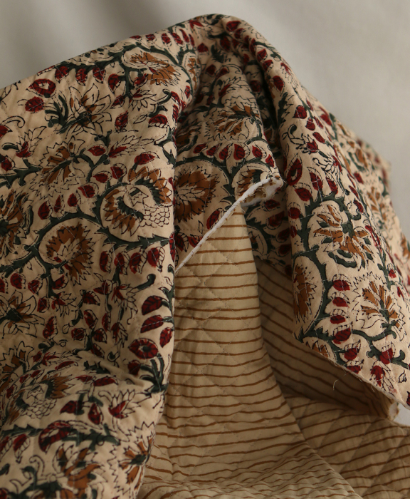 Nisha & rayures - Tissu indien matelassé double face coton hand block teal largeur 100cm