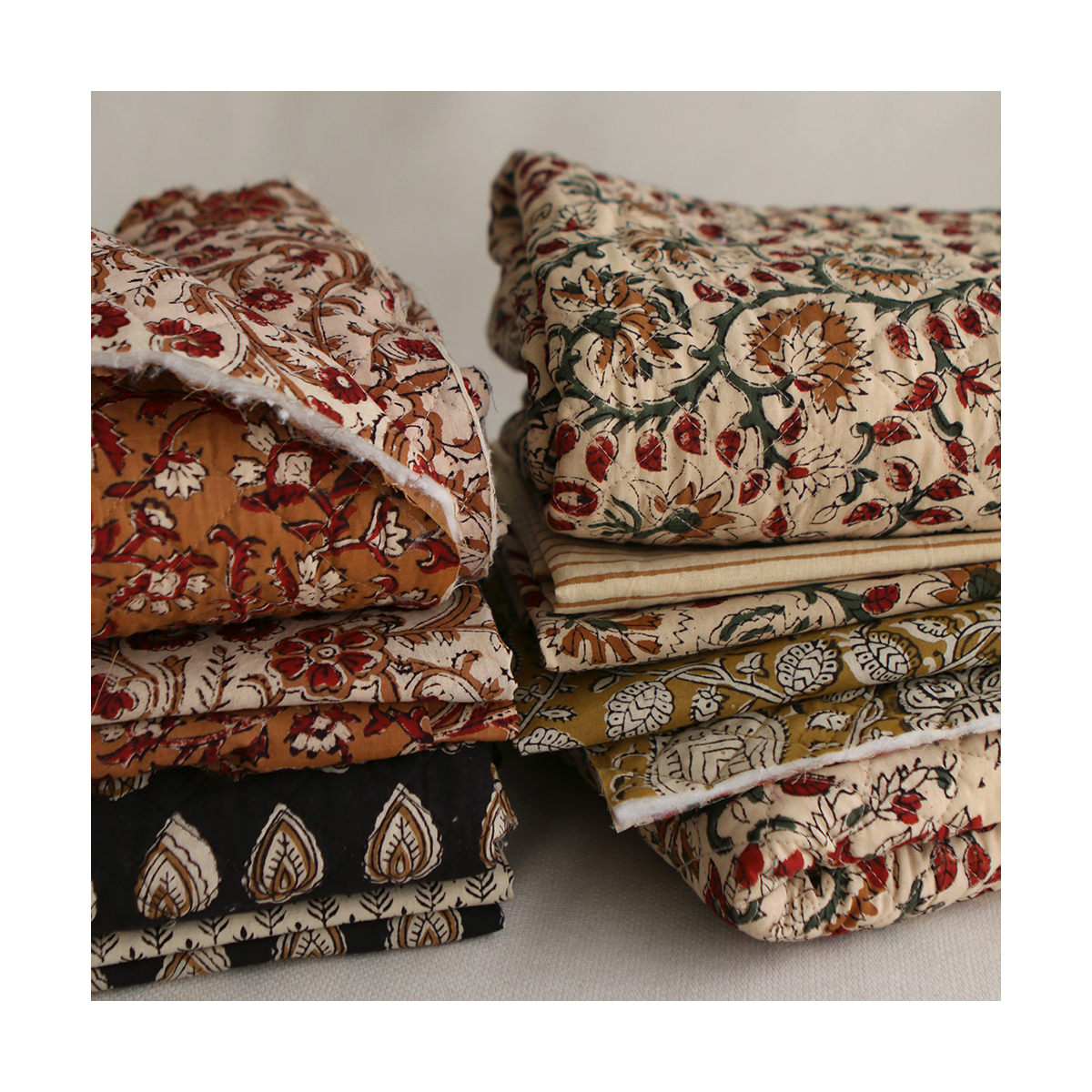 Nisha & rayures - Tissu indien matelassé double face coton hand block teal largeur 100cm