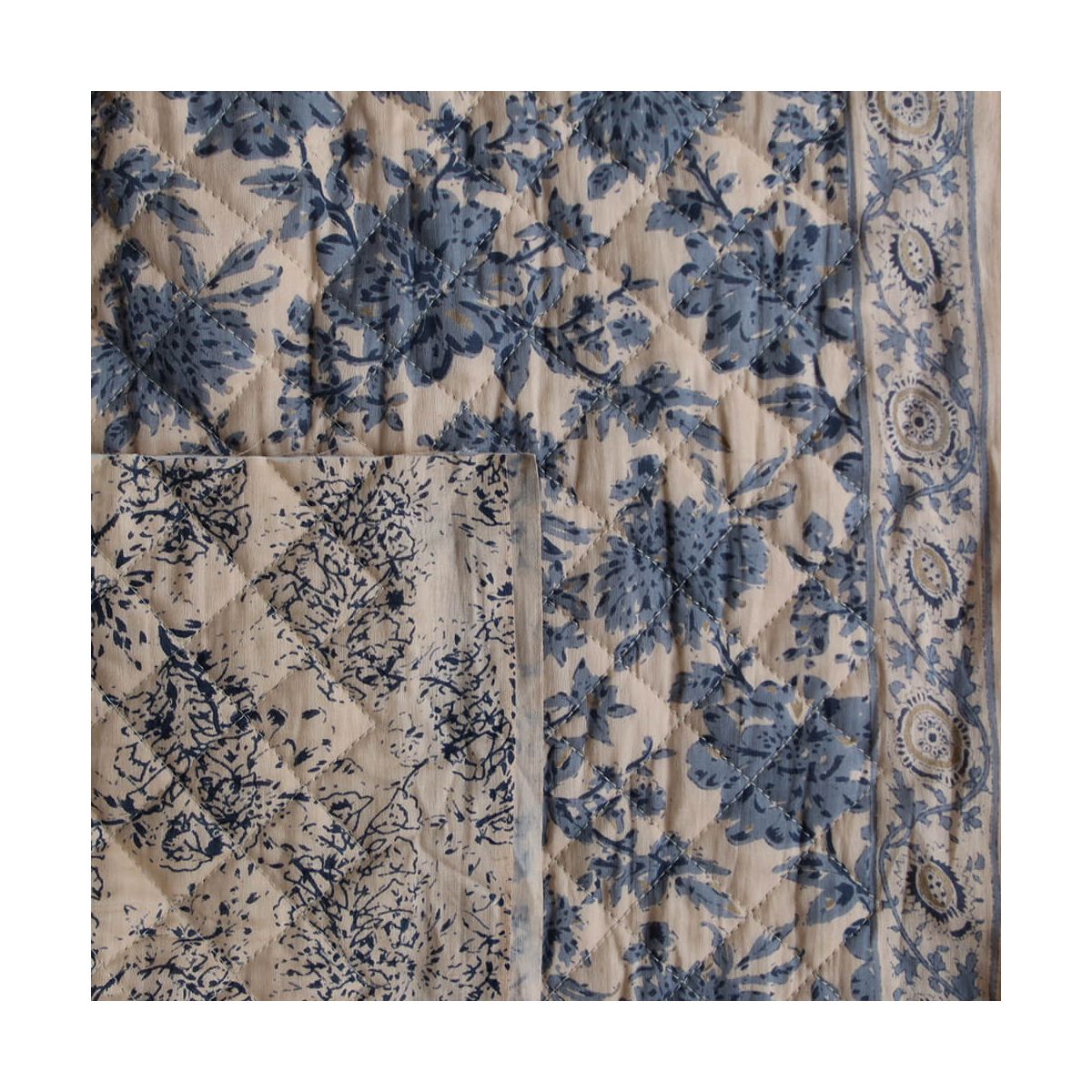 Anjali bleu - Tissu indien matelassé double face coton hand block largeur 100cm