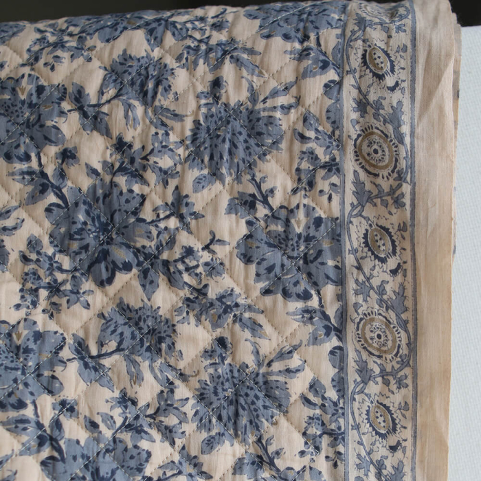 Anjali bleu - Tissu indien matelassé double face coton hand block largeur 100cm