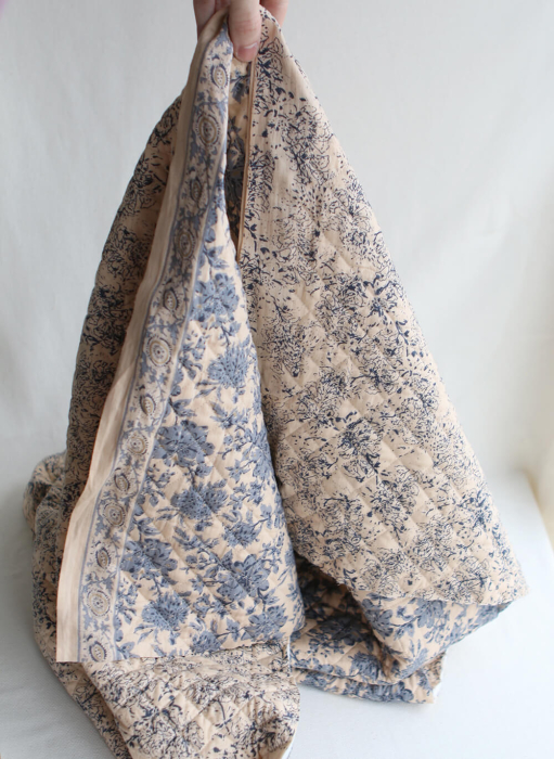 Anjali bleu - Tissu indien matelassé double face coton hand block largeur 100cm