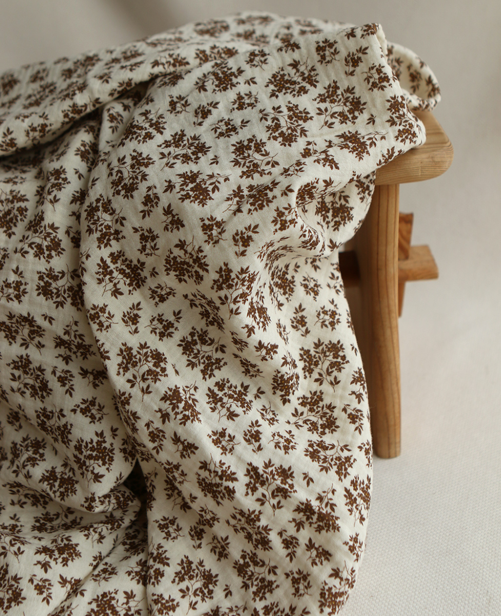 Soumeya - Double gaze coton BIO motif exclusif fond écru chocolat