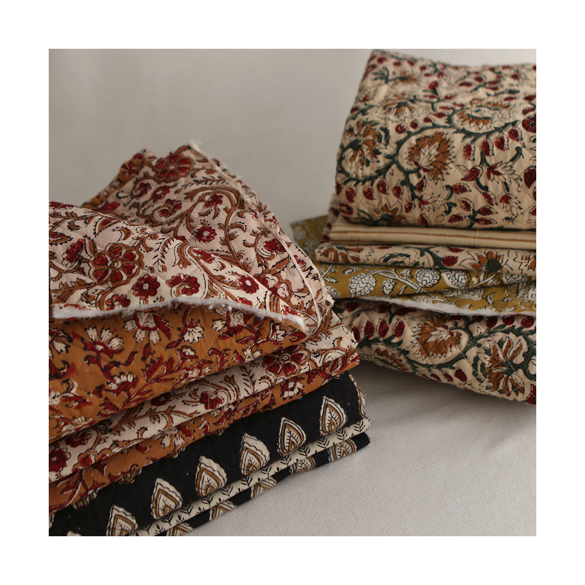 Nisha & rayures - Tissu indien matelassé double face coton hand block teal largeur 100cm