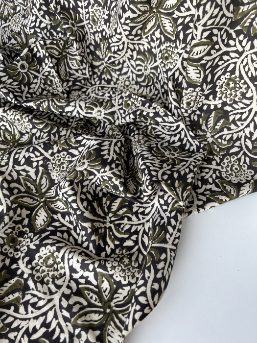 Tissu indien coton hand block traditionnel kaki / noir Batikou - 5