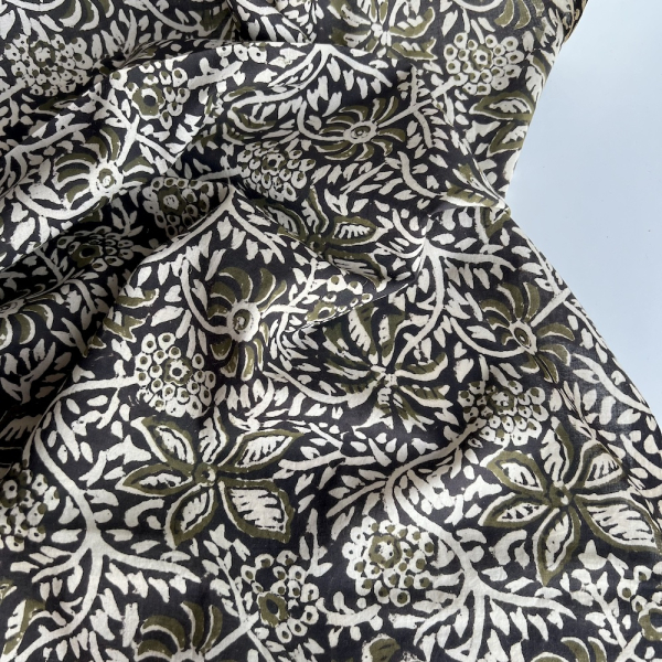 Tissu indien coton hand block traditionnel kaki / noir Batikou - 1