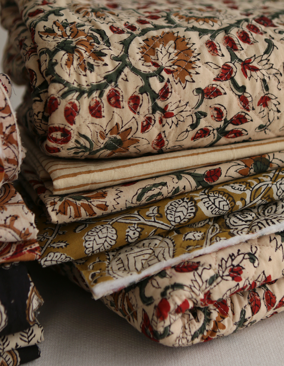 Nisha & rayures - Tissu indien matelassé double face coton hand block teal largeur 100cm