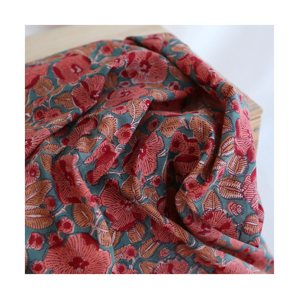 Sahar - Tissu indien coton hand block traditionnel Teal