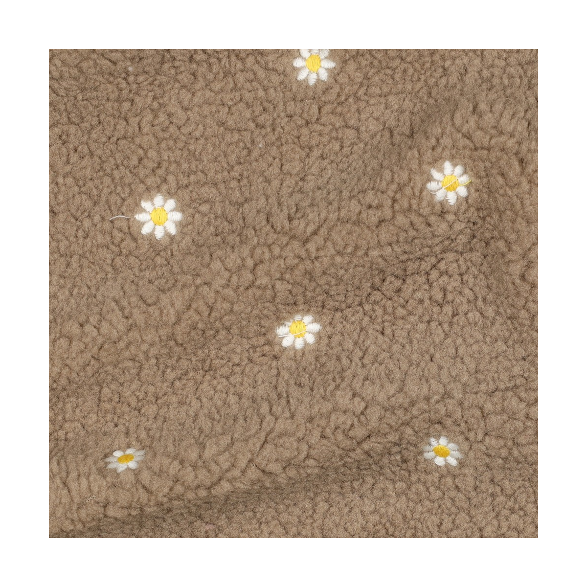Teddy / moumoute bouclé fond taupe broderies pâquerettes