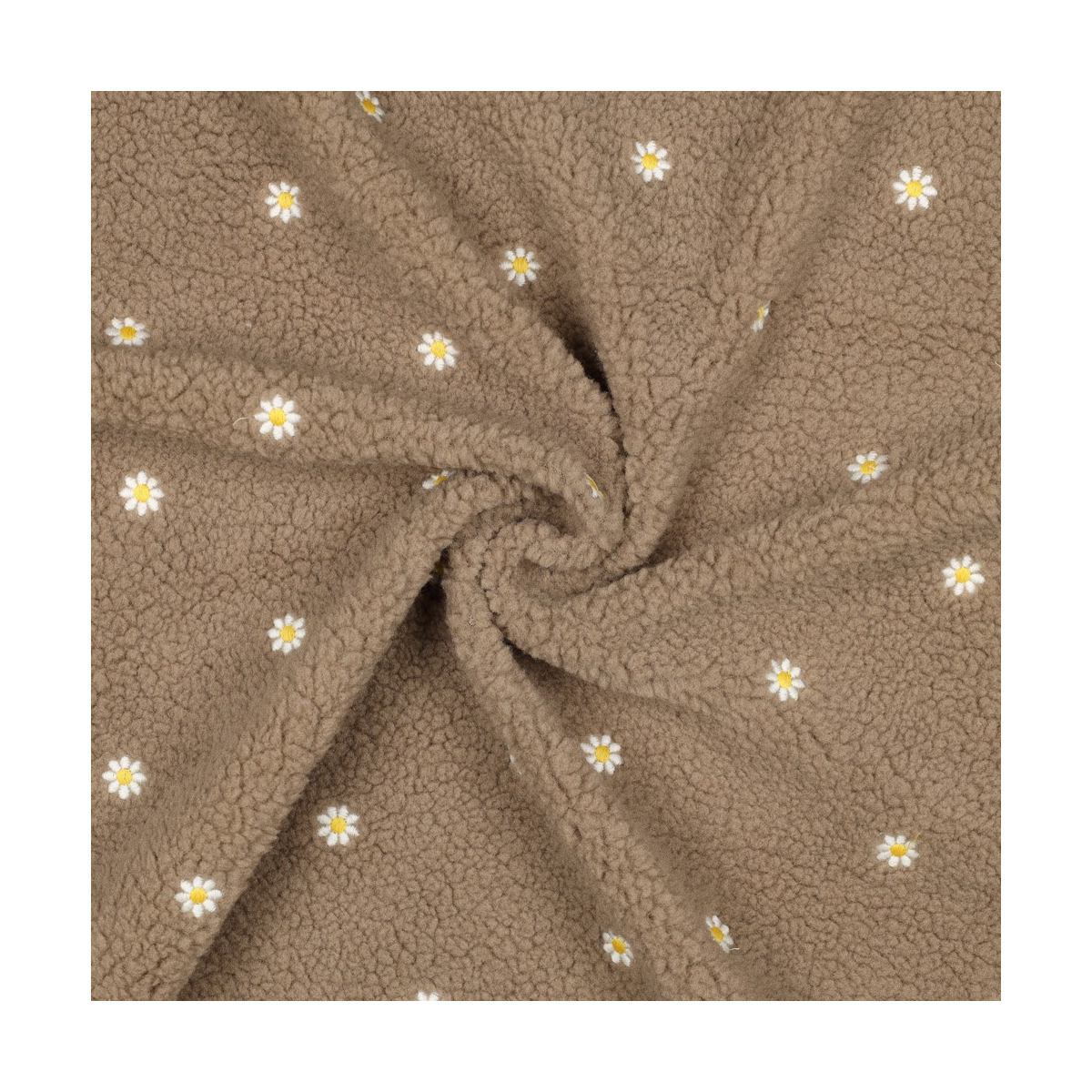 Teddy / moumoute bouclé fond taupe broderies pâquerettes