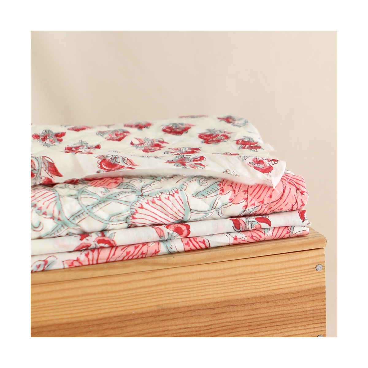 Yamini - Tissu indien matelassé double face coton hand block teal largeur 100cm