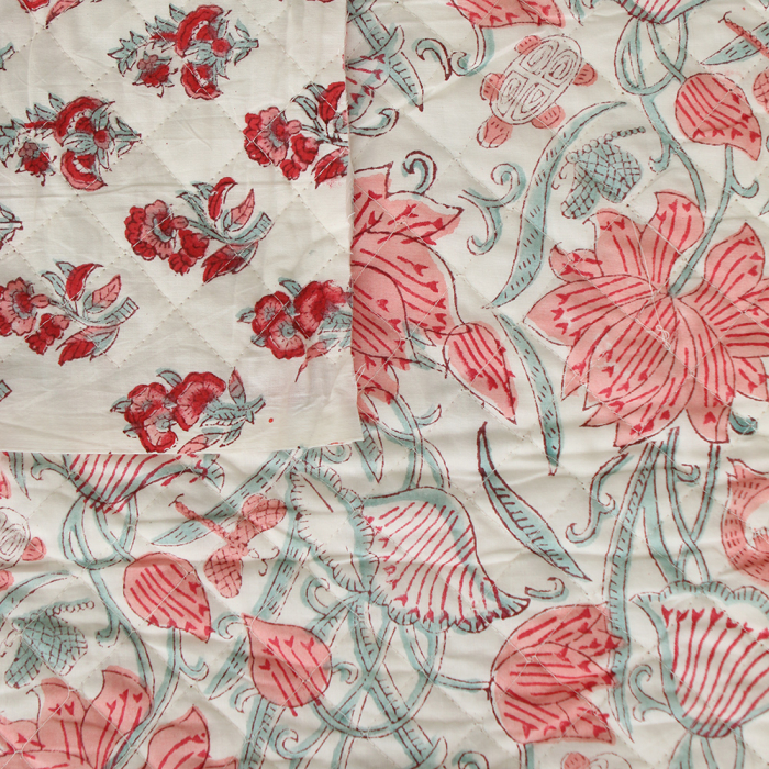 Yamini - Tissu indien matelassé double face coton hand block teal largeur 100cm