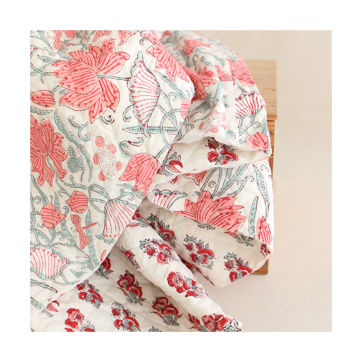 Yamini - Tissu indien matelassé double face coton hand block teal largeur 100cm