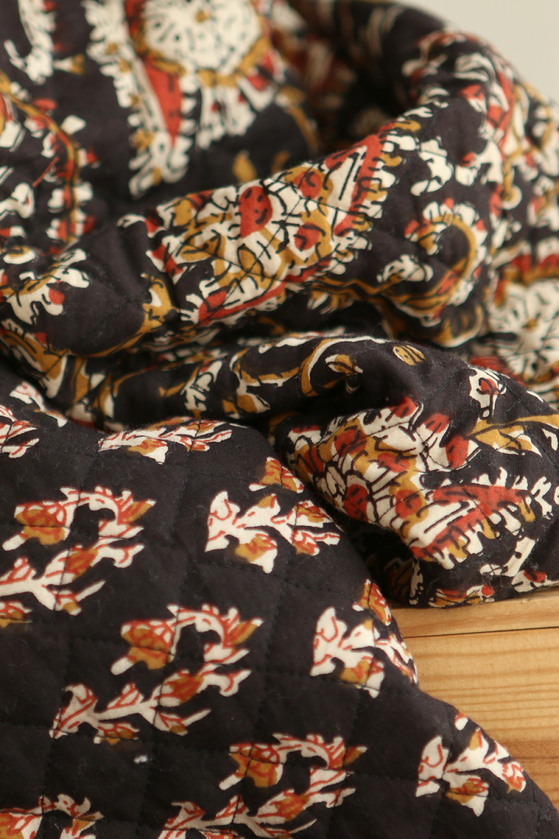 Kajal - Tissu indien matelassé double face coton hand block teal largeur 100cm