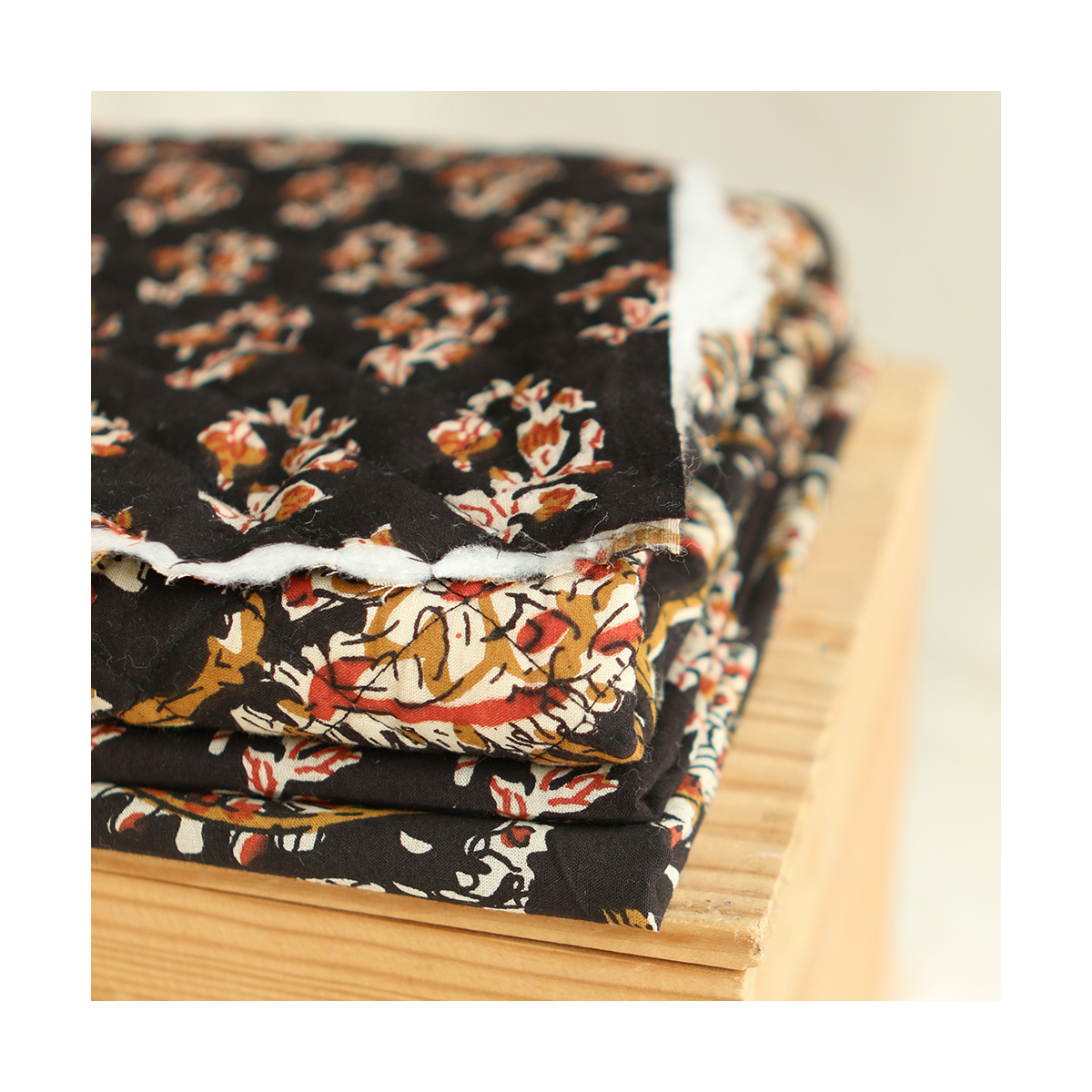 Kajal - Tissu indien matelassé double face coton hand block teal largeur 100cm