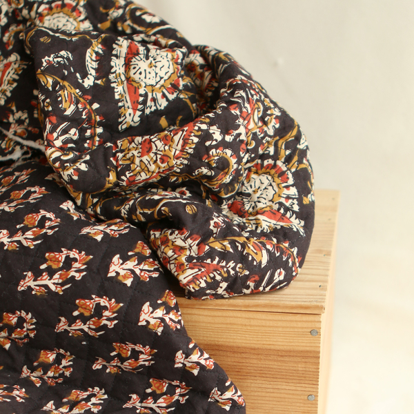 Kajal - Tissu indien matelassé double face coton hand block teal largeur 100cm