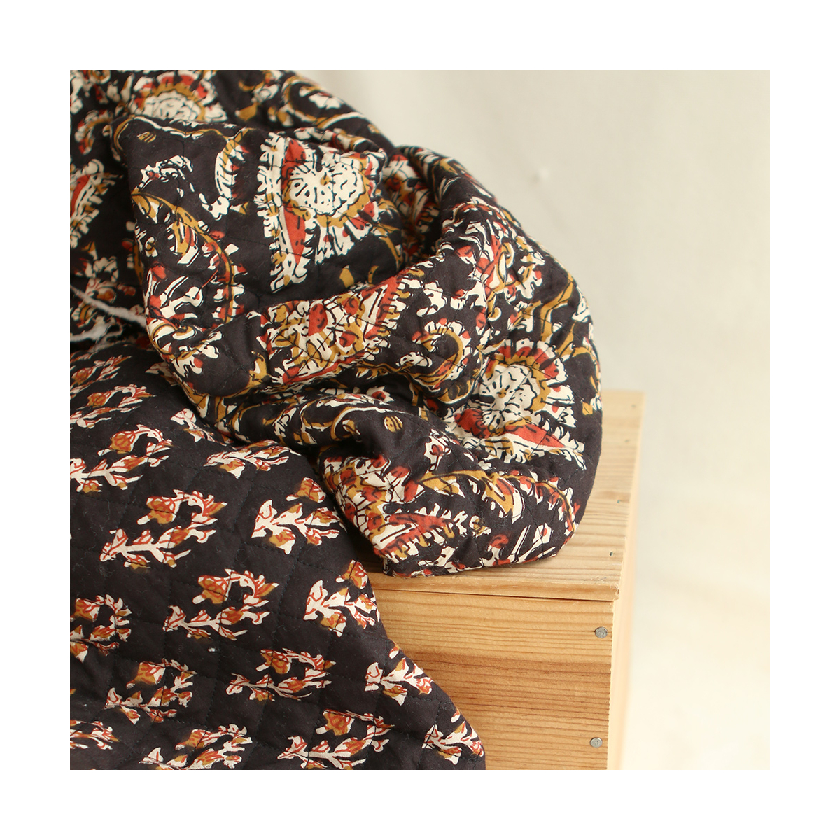 Kajal - Tissu indien matelassé double face coton hand block teal largeur 100cm