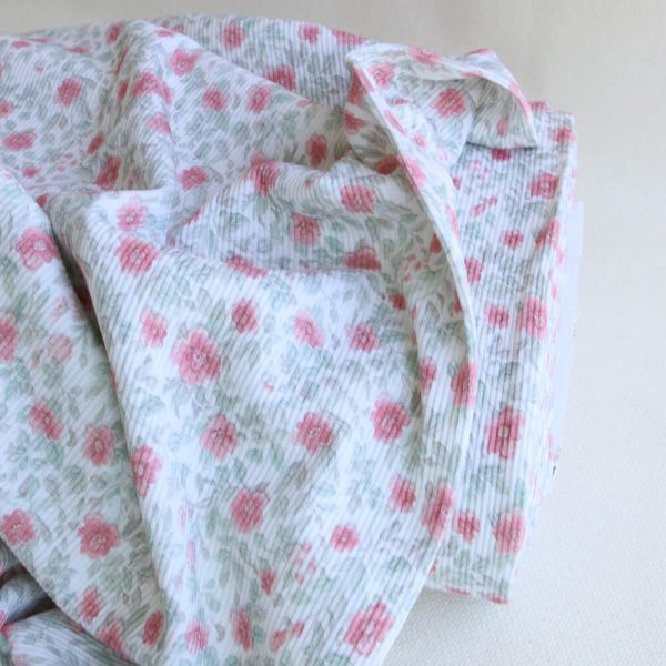 Jersey coton côtes fines à motif fleuri rose et vert d'eau