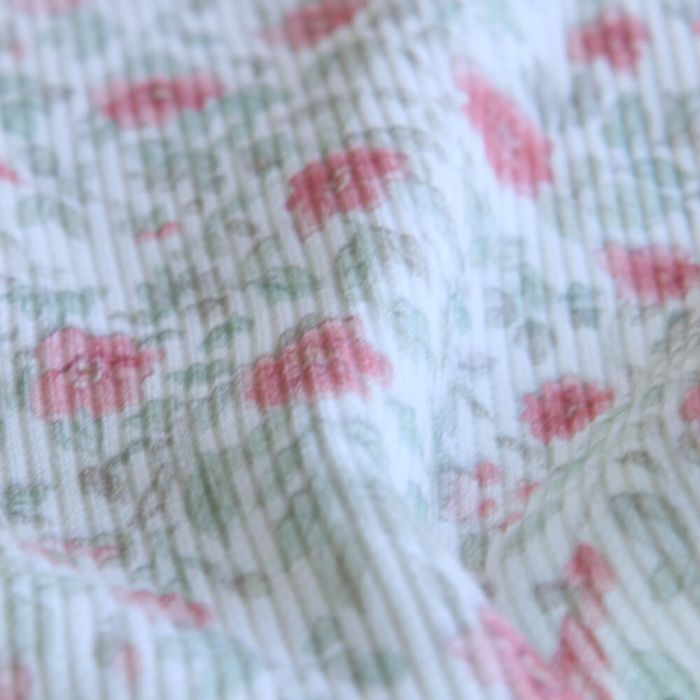 Jersey coton côtes fines à motif fleuri rose et vert d'eau