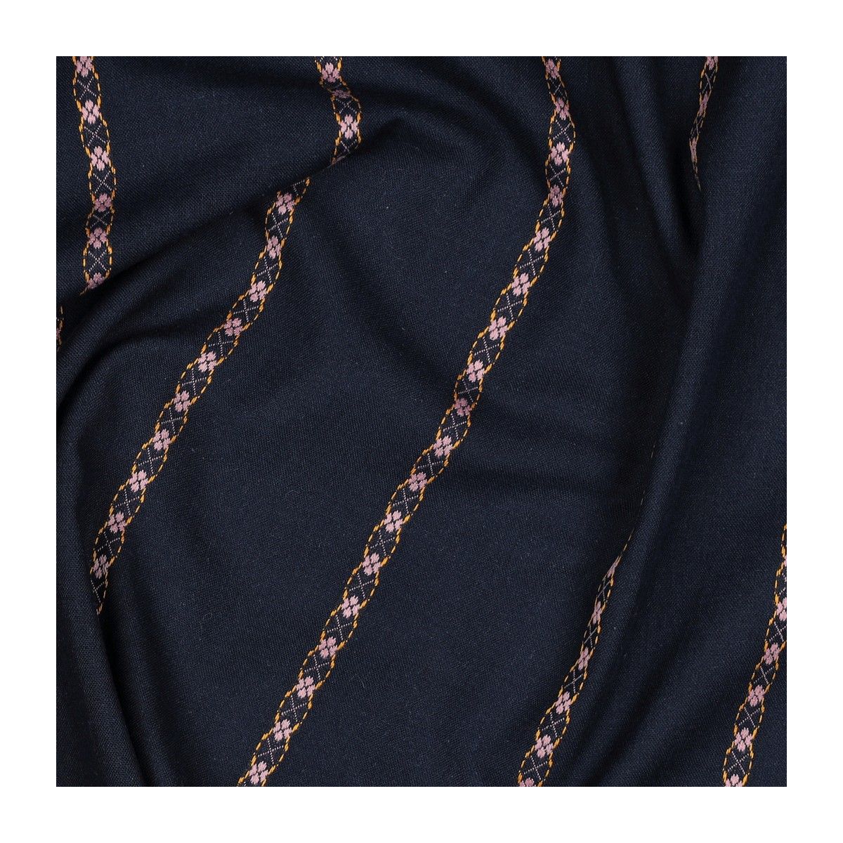 Claire - Voile coton bleu marine jacquard avec petites fleurs roses