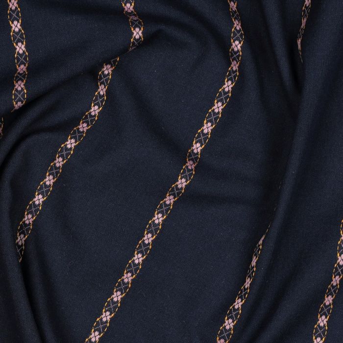 Claire - Voile coton bleu marine jacquard avec petites fleurs roses