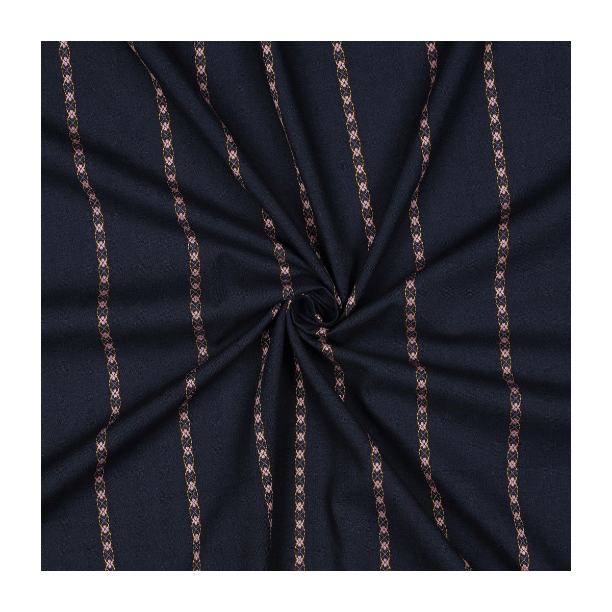 Claire - Voile coton bleu marine jacquard avec petites fleurs roses