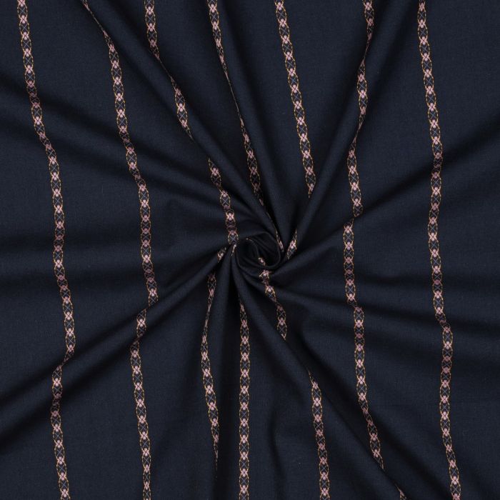 Claire - Voile coton bleu marine jacquard avec petites fleurs roses