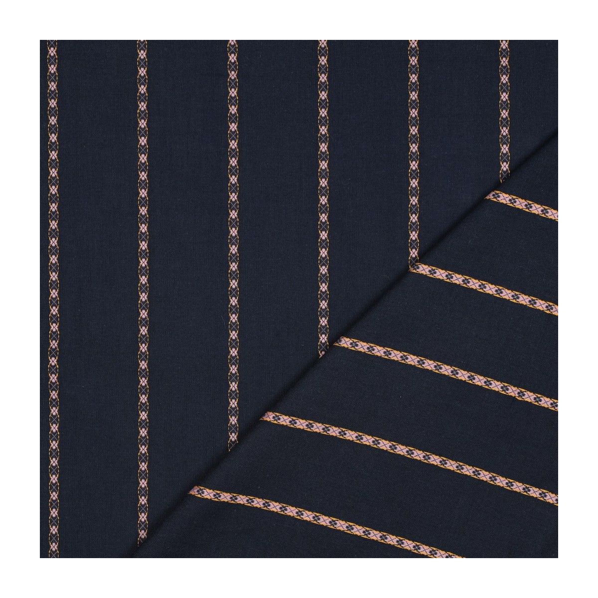 Claire - Voile coton bleu marine jacquard avec petites fleurs roses