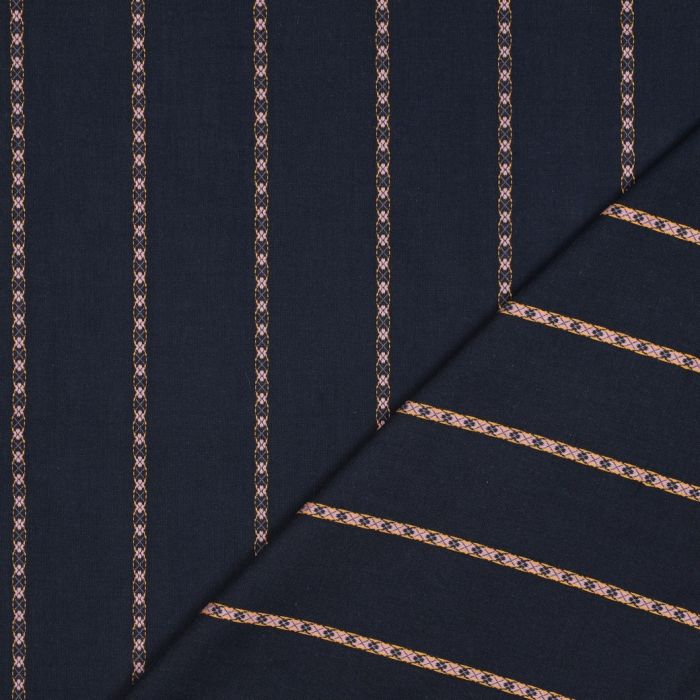 Claire - Voile coton bleu marine jacquard avec petites fleurs roses