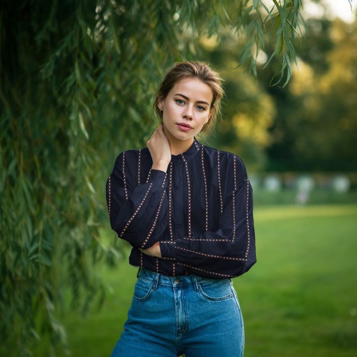 Claire - Voile coton bleu marine jacquard avec petites fleurs roses