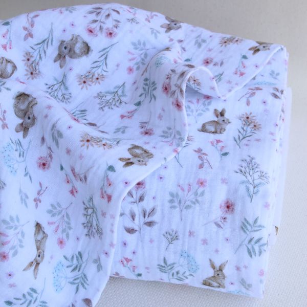 Celia - Double gaze de coton motif petites fleurs et lapins