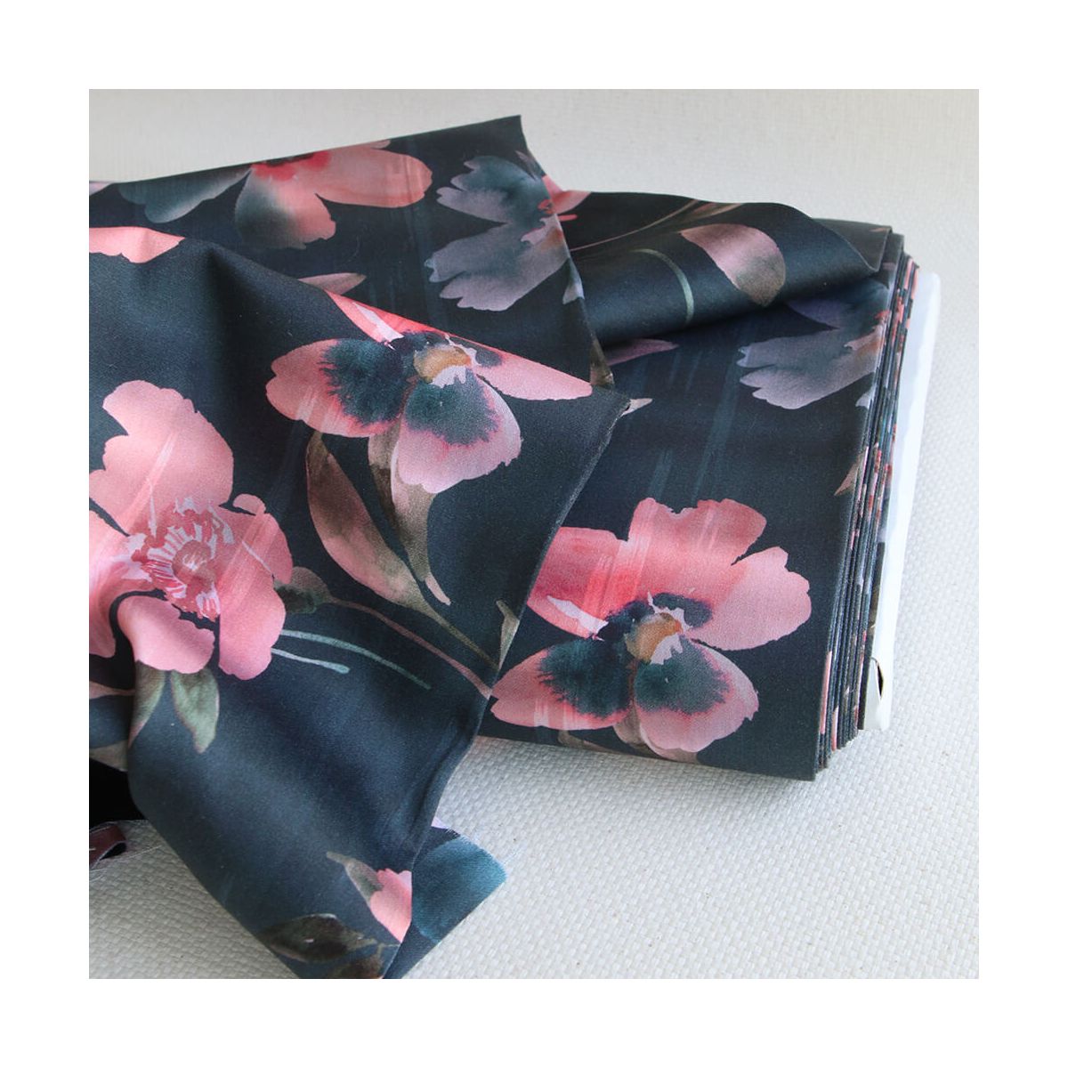 Meline - Coton satiné grandes fleurs aquarelle fond anthracite