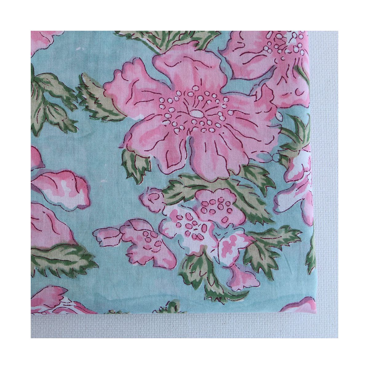 Kyra - Tissu indien en coton imprimé main Hand Block turquoise clair