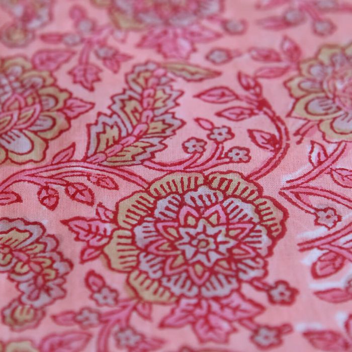 Navya - Tissu indien en coton imprimé main Hand Block corail