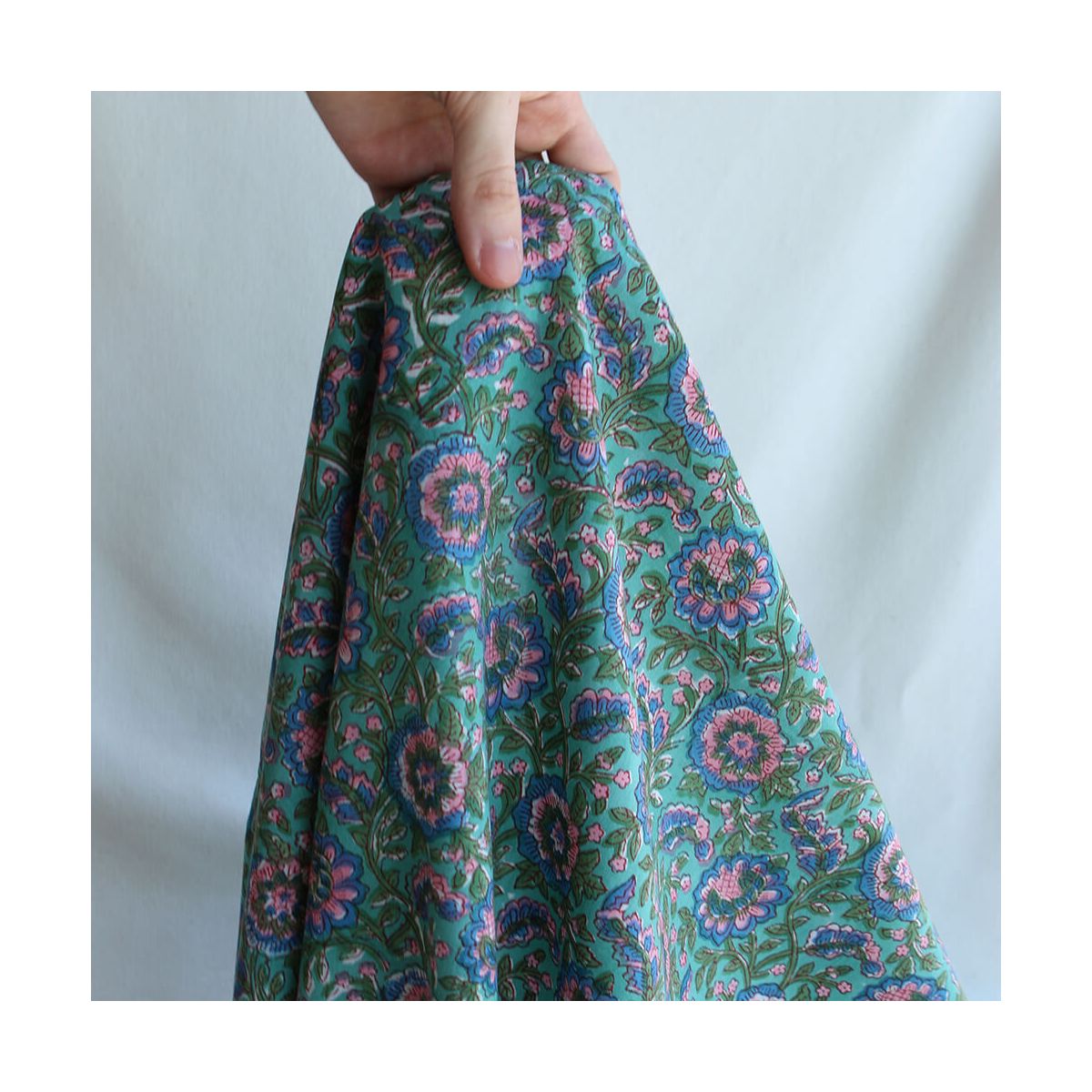 Sona - Tissu indien en coton imprimé main Hand Block vert menthe