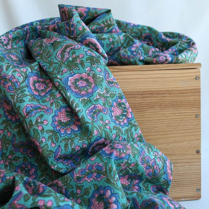 Sona - Tissu indien en coton imprimé main Hand Block vert menthe