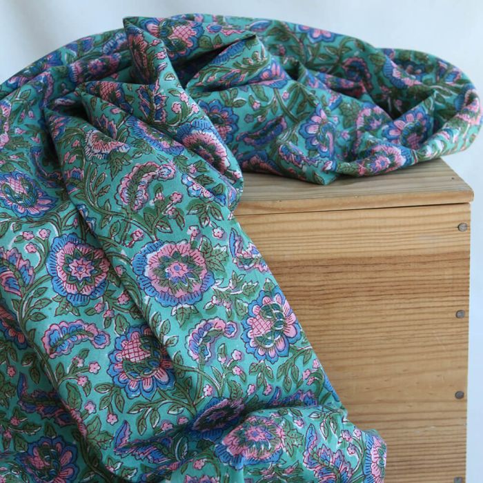 Sona - Tissu indien en coton imprimé main Hand Block vert menthe