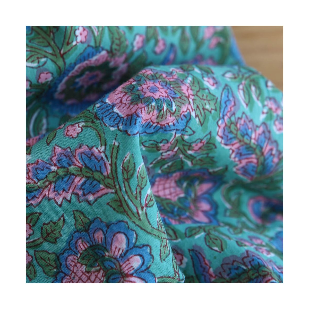 Sona - Tissu indien en coton imprimé main Hand Block vert menthe