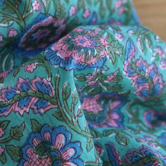 Sona - Tissu indien en coton imprimé main Hand Block vert menthe