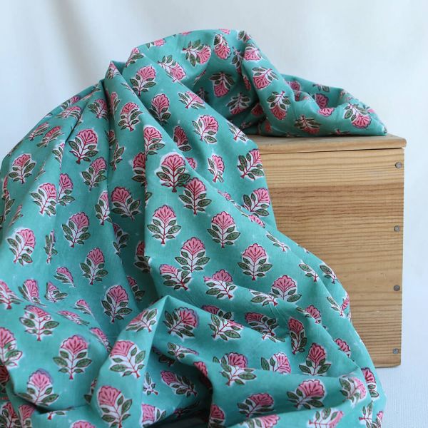 SonaB - Tissu indien en coton imprimé main Hand Block vert menthe