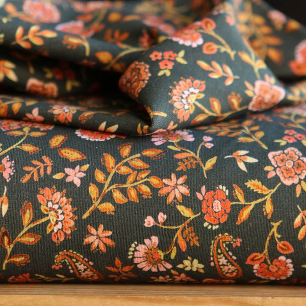 copie de Jersey de coton fond bleu nuit fleuri rose 2