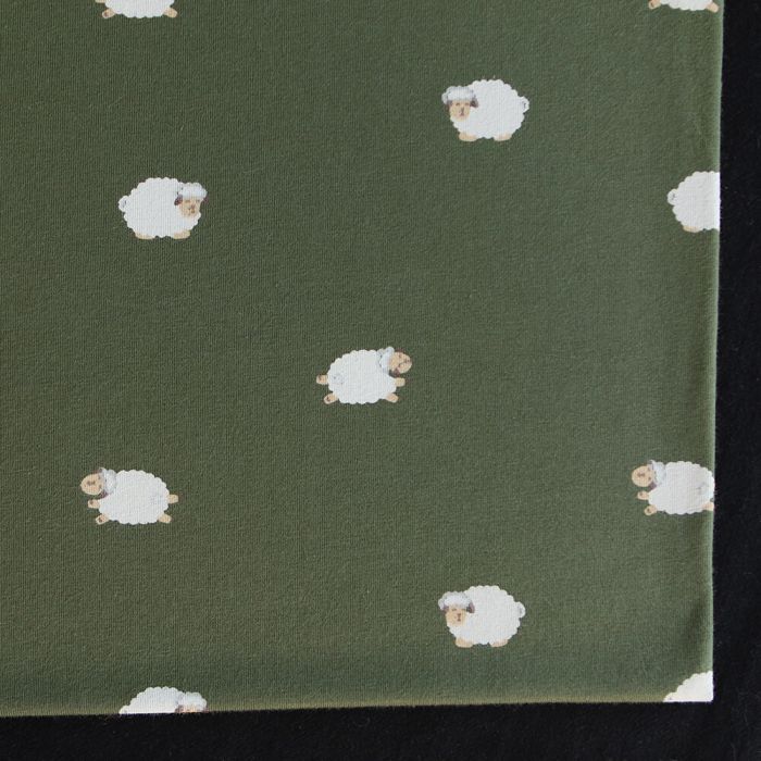Jersey de coton fond vert olive imprimé petits moutons