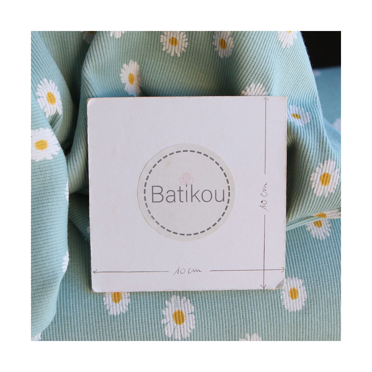 Jersey coton côtes fines à motif marguerites sur fond vert tendre