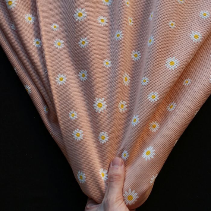 Jersey coton côtes fines à motif marguerites sur fond pêche nude
