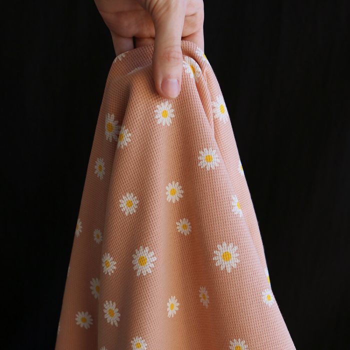 Jersey coton côtes fines à motif marguerites sur fond pêche nude