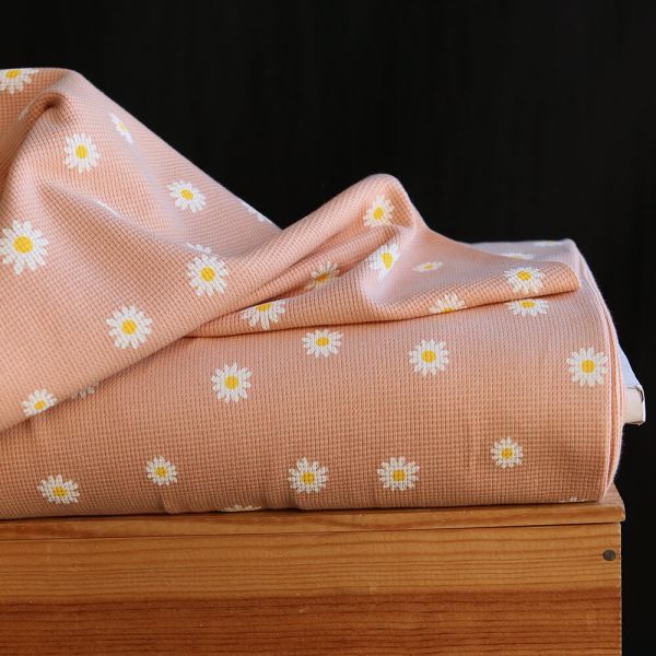 Jersey coton côtes fines à motif marguerites sur fond pêche nude