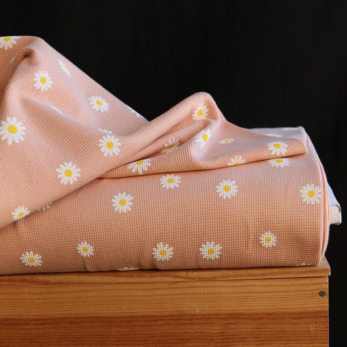 Jersey coton côtes fines à motif marguerites sur fond pêche nude