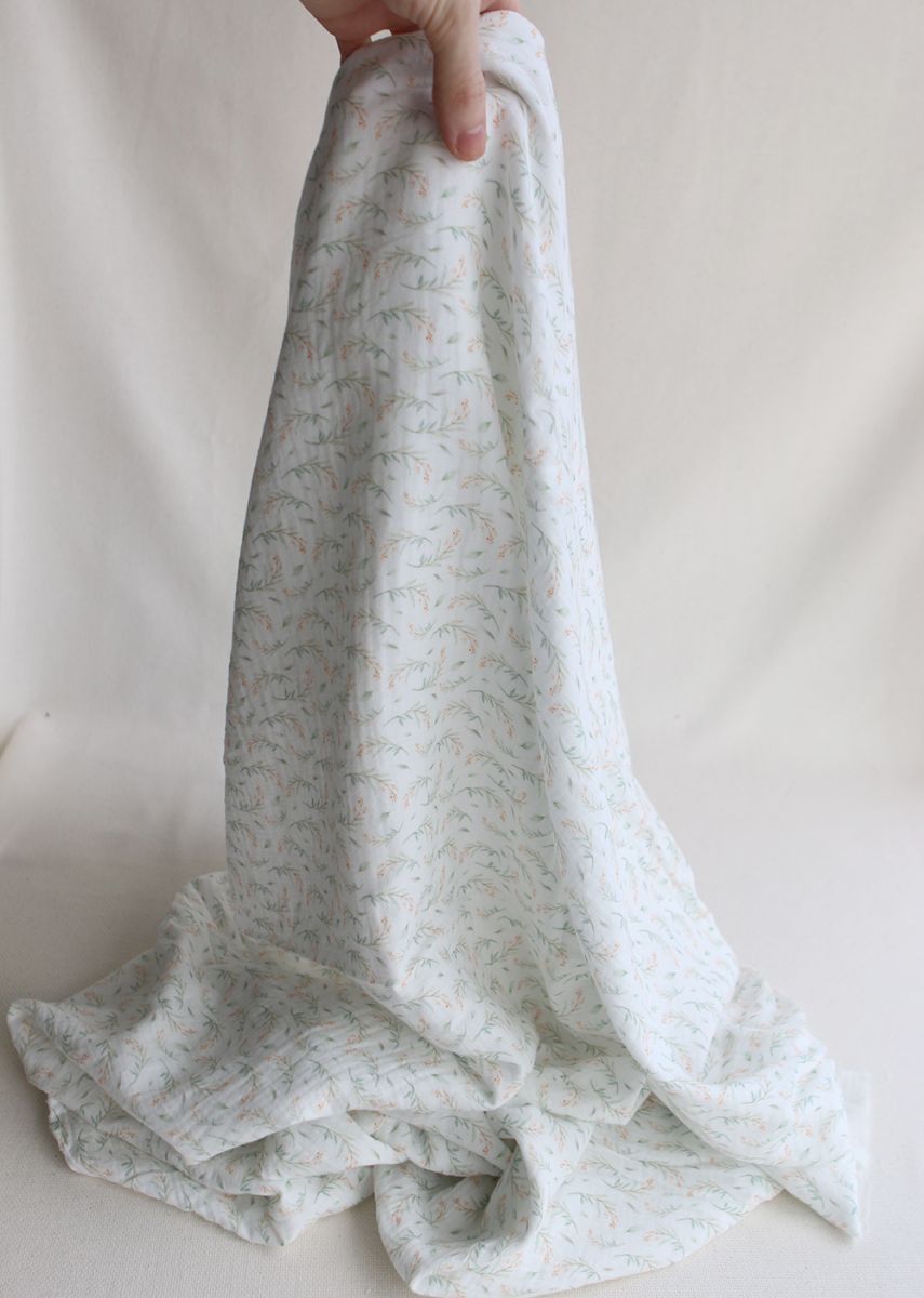 Clairière - Double gaze de coton fond blanc imprimé feuillage doux