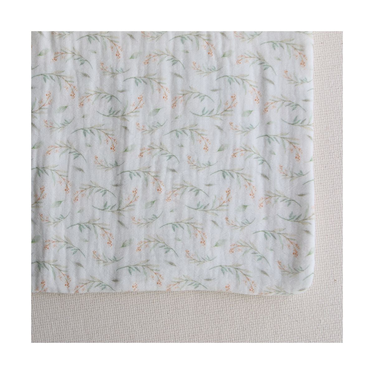 Clairière - Double gaze de coton fond blanc imprimé feuillage doux