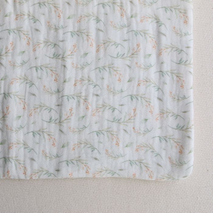 Clairière - Double gaze de coton fond blanc imprimé feuillage doux